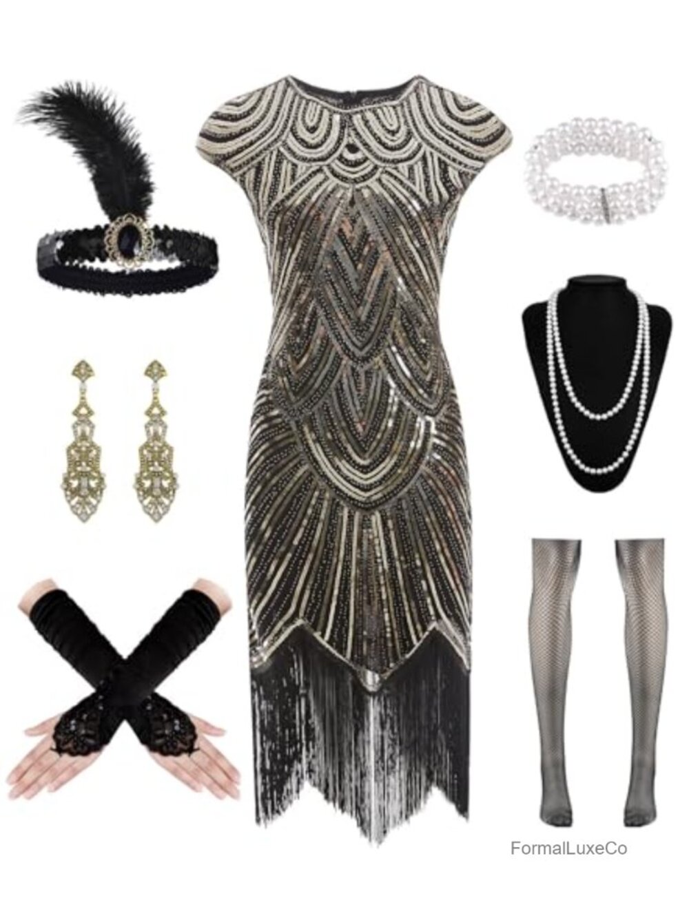 1920s Flapper Sequin Fringe Dress Costume with Gloves Headband Necklace Set